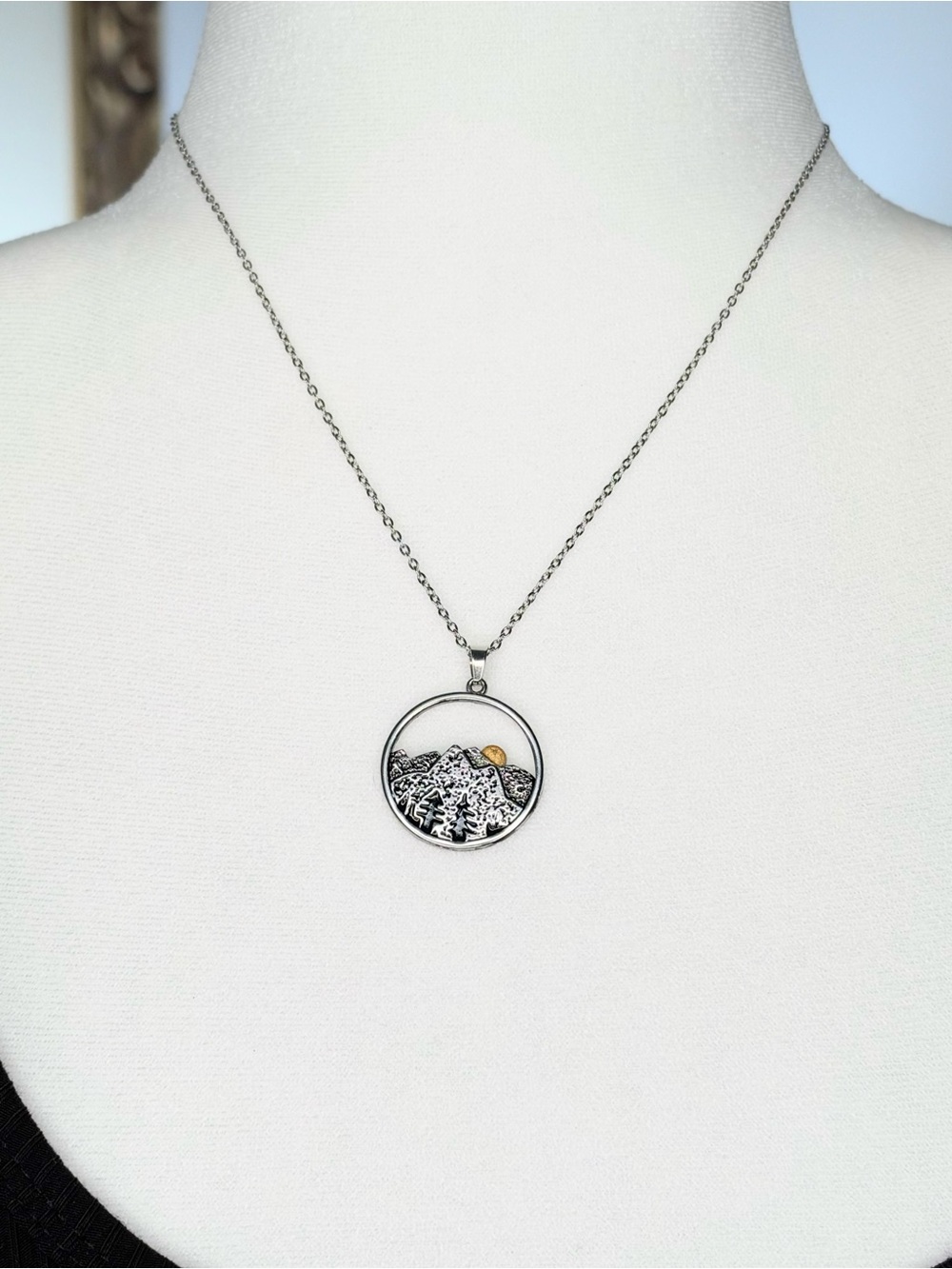 Mountain Landscape Pendant Necklace Silver Tone Gold Sun Nature 18” Boho